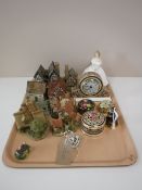 A tray of Royal Doulton figure - heather HN 2956, Wedgwood mantel clock, pill boxes,