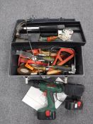 A Bosch 18 Volt electric drill, together with a stack on toolbox containing assorted hand tools,