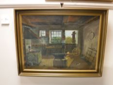 A gilt framed continental school oil on canvas - blacksmith's work shop,