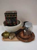 A tray of large chemist's pestle and mortar, Art Nouveau copper tray, copper match book holder,