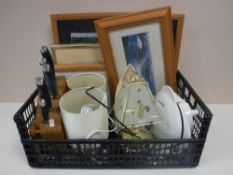 A box containing framed prints, knife block and knives, Phillips iron, table lamps,