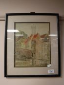 A framed W.J. Philipson watercolour study - bridge over river, with houses beyond.