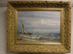 A gilt framed oil on canvas - sailing boat in choppy waters,