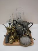 A tray of 20th century plated ware, brass and glass, cruet set,