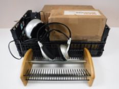 A crate of boxed Quad 33 control unit, a boxed Quad 303 power stereo amplifier,