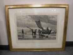 A large gilt framed black and white etching - figures with sailing boat at low tide