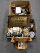 Two boxes of vintage bottles, wooden pond yacht, candle holders, china,