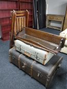 A wooden bound trunk, vintage luggage case, carved oak mirrored wall shelf,