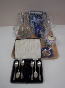 A tray of cased cutlery, lead crystal bowl and vase, pair of plated vases,