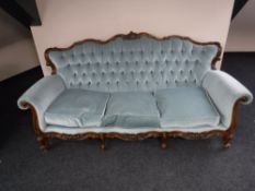 An Italian style three piece lounge suite upholstered in blue button dralon CONDITION