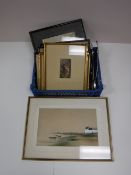 A crate of antiquarian prints, black and white etchings,