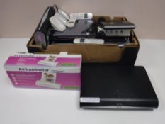 A box of assorted electricals, including printer, Sky boxes, Sony laptop, electric weather station,