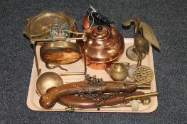 A tray containing copper tea pot, brass figures, brass gong on stand with beater,