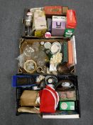 Two boxes and a crate of kitchenalia, pressed glass, jelly moulds, boxed cake stands,