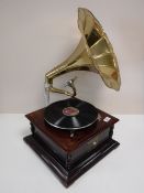 A HMV table top gramophone with brass horn