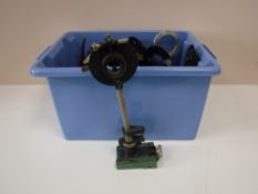 A box of opticians equipment and lenses