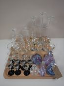A tray of Babycham glasses, liqueur glasses, glass Caithness perfume bottle and four others,
