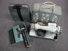 A cased Jones electric sewing machine and an Olivetti 32 typewriter