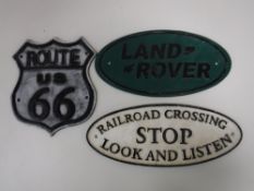 Three cast metal signs, 'Route 66',