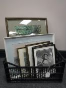 A box of antiquarian portraits, signed French prints, set of four framed prints of flowers,