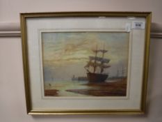 After Bernard Benedict Hemy, A sailing boat at low tide with piers beyond,