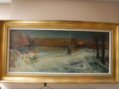 A gilt framed oil on board, figures in a winter landscape,