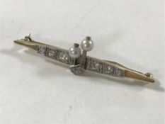 An 18ct gold old-cut diamond and pearl bar brooch