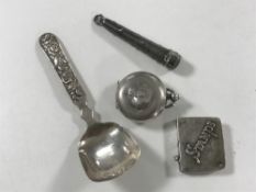 Silver to include a Georgian spoon, stamp case, sovereign case,