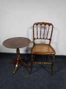 An antique mahogany bedroom chair together with a mahogany wine table on four way pedestal