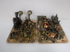 Two trays containing a quantity of assorted brass and copper ware, including wall lights,