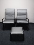 A pair of metal adjustable garden armchairs with cushions together with a stool