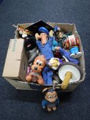 A box containing mid 20th century and later toys and dolls including Mickey Mouse,
