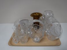 A tray containing assorted lead crystal glassware, including baskets, vases, rose bowl,