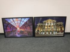 Two colour prints depicting The Grainger Market and The Theatre Royal,