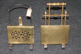 Two antique brass open fire adjustable trivet stands (2)