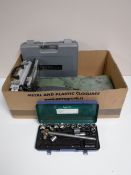 A metal concertina tool box and tools, box of Clarke soldering gun, cased socket sets, electric saw,