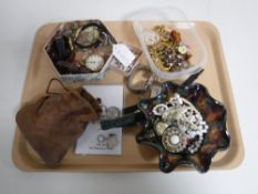 A tray containing costume jewellery, wrist watches, Smith's pocket watch,