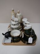 A tray containing Juliana Collection figures, Salisbury bone china part tea set,