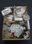 Two boxed of assorted plated ware and glass ware