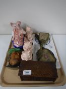 A tray containing a wooden table box in the form of a coffer, a dressing table brush and mirror,