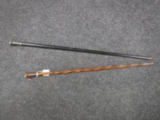 A mahogany twist stem walking cane with snake design,