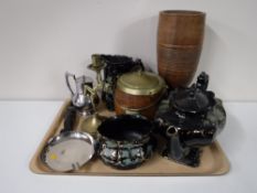 A three piece gilded Victorian tea service together with an oak brass lidded biscuit barrel,