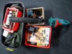 Three boxes containing holdall, hand tools,