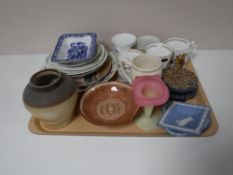 A tray containing twentieth century commemorative china, Wedgewood Jasperware, stoneware vase,