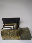 A brass coal box containing assorted pictures and prints together with a brass slipper box