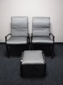 A pair of metal adjustable garden armchairs with cushions together with a stool