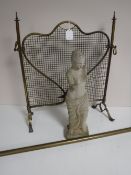 A brass heart shaped spark guard, together with a brass curtain pole and a garden figure,