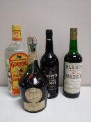 Two litre bottle of Gordons gin, bottle of Dow's port vintage 1975 ,