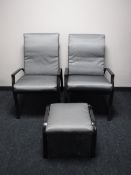 A pair of metal adjustable garden armchairs with cushions together with a stool