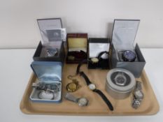 A tray containing assorted gents wristwatches including two boxed Globenfeld watches with